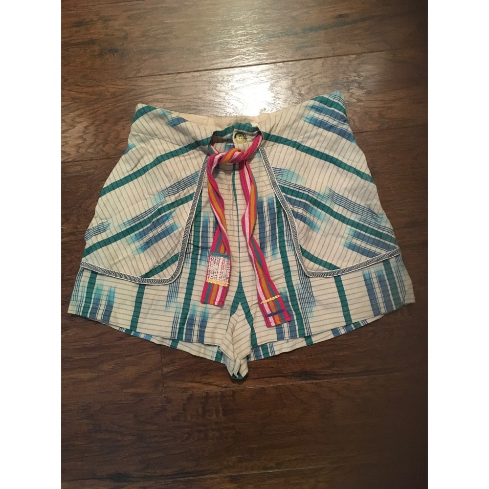 Urban Outfitters Ikat Plaid High Waisted Shorts Teal Blue Striped Belt Womens 10